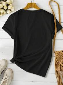 可爱夏季 T 恤，时尚西瓜片心形印花 T 恤，水果图案 T 恤，适合西瓜爱好者，女士休闲圆领短袖上衣 - 黑色 - 查看 2