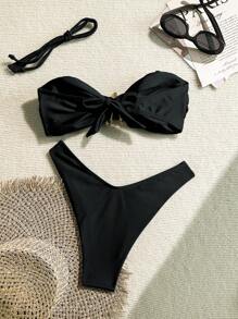 Swim Chiccia 2 件套 Springbreak 纯色闪亮面料吊带背心，带金属海星装饰和 V 型底部泳衣 - 黑色 - 查看 2