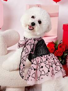 PETSIN 1 pièce Robe élégante de petite amie rose mode, avec cœur noir pailleté, broderie, épissage en mesh floqué noir et nœud papillon, dos nu. Robe de chien mignonne, populaire en Europe et Amérique - Rose bonbon - Voir 5