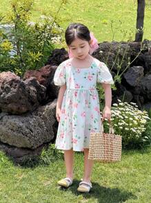 SHEIN Young Girls Woven Floral Puff Sleeve Fitted A-Line Hem Dress, Suitable For Girls Daily Wear, Vacation, Festival, Family Gathering And Special Occasions - White - View 3