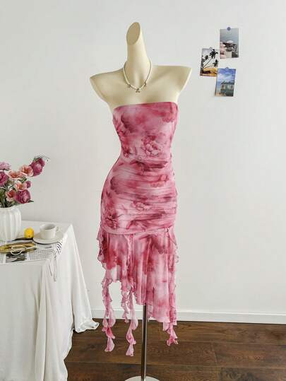 Soleia Vestido largo con volantes y vuelos en tela de malla con estampado floral y teñido anudado, adecuado para vacaciones, citas, tardes de té, fiestas, bodas, playa, cruceros, moda y ropa de calle sexy, verano