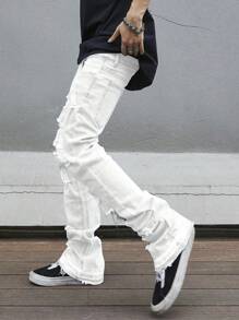 Manfinity EMRG Men's Front Button Pocket Ripped Minimalist Casual Pants, Everyday Casual - White - View 6