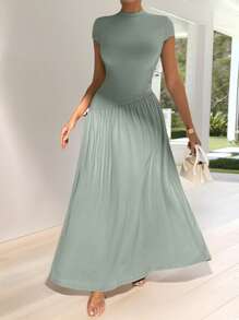 Firerie 优雅日常穿着简约纯色短袖合身立领不对称A字腰长裙 - 薄荷綠 - 查看 9