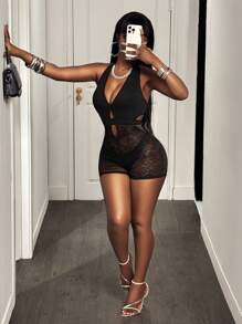 BamGleam 女士蕾丝拼接性感连体短裤 - 黑色 - 查看 7