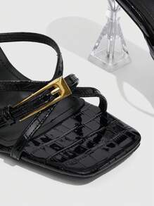 CUCCOO SZL 女士鞋黑色漆皮鳄鱼纹交叉系带透明外星人高跟凉鞋，搭配金色金属可调节扣细节，方形露趾高跟拖鞋，时尚性感优雅夏季凉鞋，适合约会派对办公室正式活动和日常穿着，百搭搭配裙子和正装 - 黑色 - 查看 9