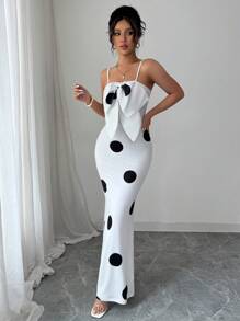 Selianne Váy dây mảnh in họa tiết chấm bi trang trí nơ cho nữ, mùa hè - trắng - Xem 6