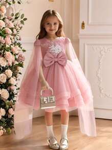 SHEIN Short Sleeve Young Girls Tulle Lace Applique Bow Decor Dress With Cap Sleeve, Cute Outfit For Piano Recital, Runway, Birthday Party, Wedding Season - Dusty Pink - View 3