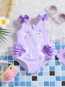 Purple Cute Newborn Baby Girl One-Piece Swimsuit,Swan Print Bow Decor Zipper Front Infant Swimming Suit For Summer Vacation Holiday - Purple - View 1