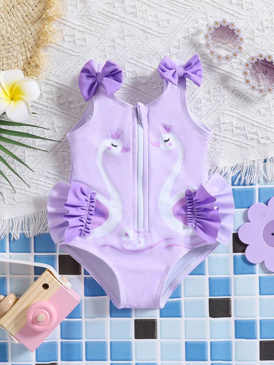 Purple Cute Newborn Baby Girl One-Piece Swimsuit,Swan Print Bow Decor Zipper Front Infant Swimming Suit For Summer Vacation Holiday - Purple - View 1