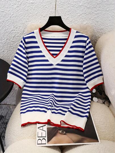 Franclia Randig stickad topp med v-ringning och färgblock för kvinnor, avslappnad