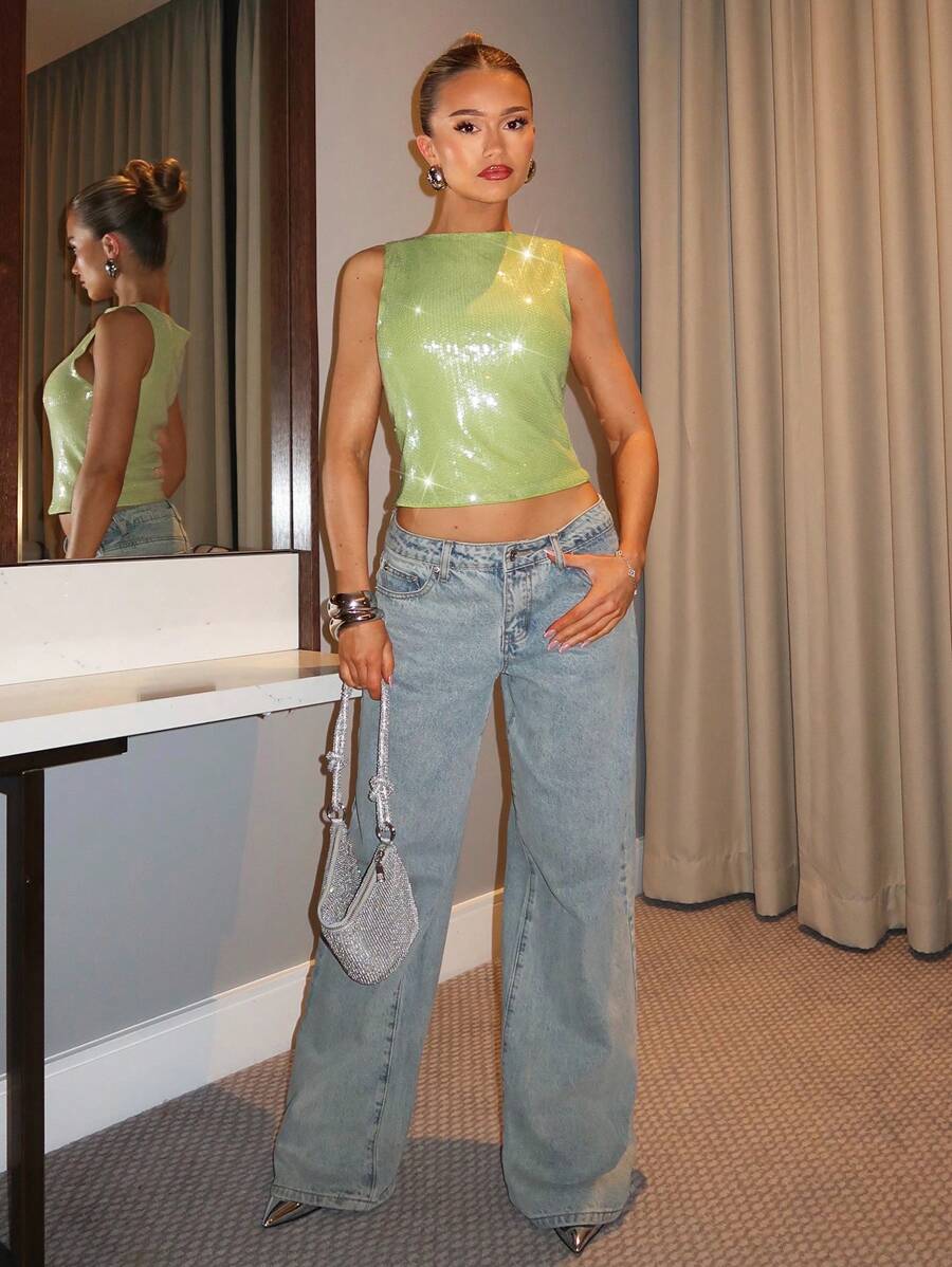 SHEIN BAE Women's Fashionable Sleeveless Sequin Top, Suitable For Music Festivals, Night Outings, And Night Parties