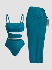Swim Oasis Plus Size 2pcs Women's Elegant Metal Decor Swimsuit & Beach Cover Up Maxi Skirt Set, Suitable For Spring/Summer Beach - Teal Blue - View 1