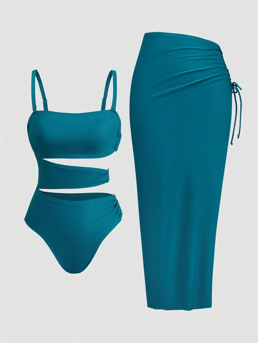 Swim Oasis Plus Size 2pcs Women's Elegant Metal Decor Swimsuit & Beach Cover Up Maxi Skirt Set, Suitable For Spring/Summer Beach - Teal Blue - View 1