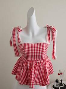Elamini 女式方领蕾丝拼布格子系带可爱背心，夏季 - 紅白色 - 查看 5