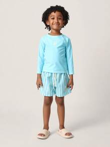 SUMWON 夏季沙滩泳池游泳套装两件套防晒衣条纹泳裤防紫外线儿童运动泳衣度假水上运动度假装海滩必备品