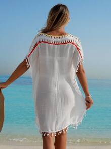 Swim Lushoire Beach Vacation Contrast Crochet Batwing Sleeves V-Neck Fringe Trim Beach Cover Up Dress For Women For Summer - White - View 1
