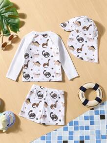 3pcs/Set Baby Boy Dinosaur Print Swimsuit With Sun Protection Hat, Beach Playwear - White - View 2