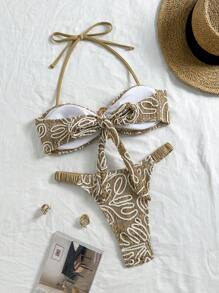 SHEIN Swim Conjunto de 2 piezas de traje de baño para mujer con top de bandeaux sin aros y shorts de natación de punto jacquard, para verano, playa y viajes