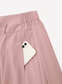 Flirla 加大码高腰褶皱休闲纯色日常黑色半身裙长裙 - 藕粉色 - 查看 4