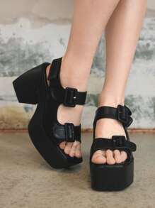 Sugerpunk Women's Fashion Black Punk Rock Metal Buckle High Heel Platform Wedge Party Sexy Waterproof Open Toe Sandals - Black - View 3