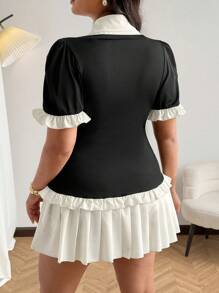 Flirla Plus Size Summer Elegant Contrast Color Pleated Hem Midi Dress - Black and White - View 2