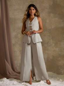 Roveilla Plus Size Summer Elegant Solid Color Vest & Wide Leg Pants 2 Pieces Set - Khaki - View 9