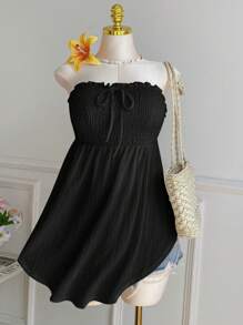 Comfortcana Top sin mangas con volantes, lazo delantero, ribete de encaje y bajo asimétrico, negro, talla grande, primavera/verano - Negro - Ver 7