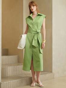 EMERY ROSE 女士绿色宽肩腰带衬衫裙，适合夏季工作穿着，商务休闲中长连衣裙 - 綠色 - 查看 2