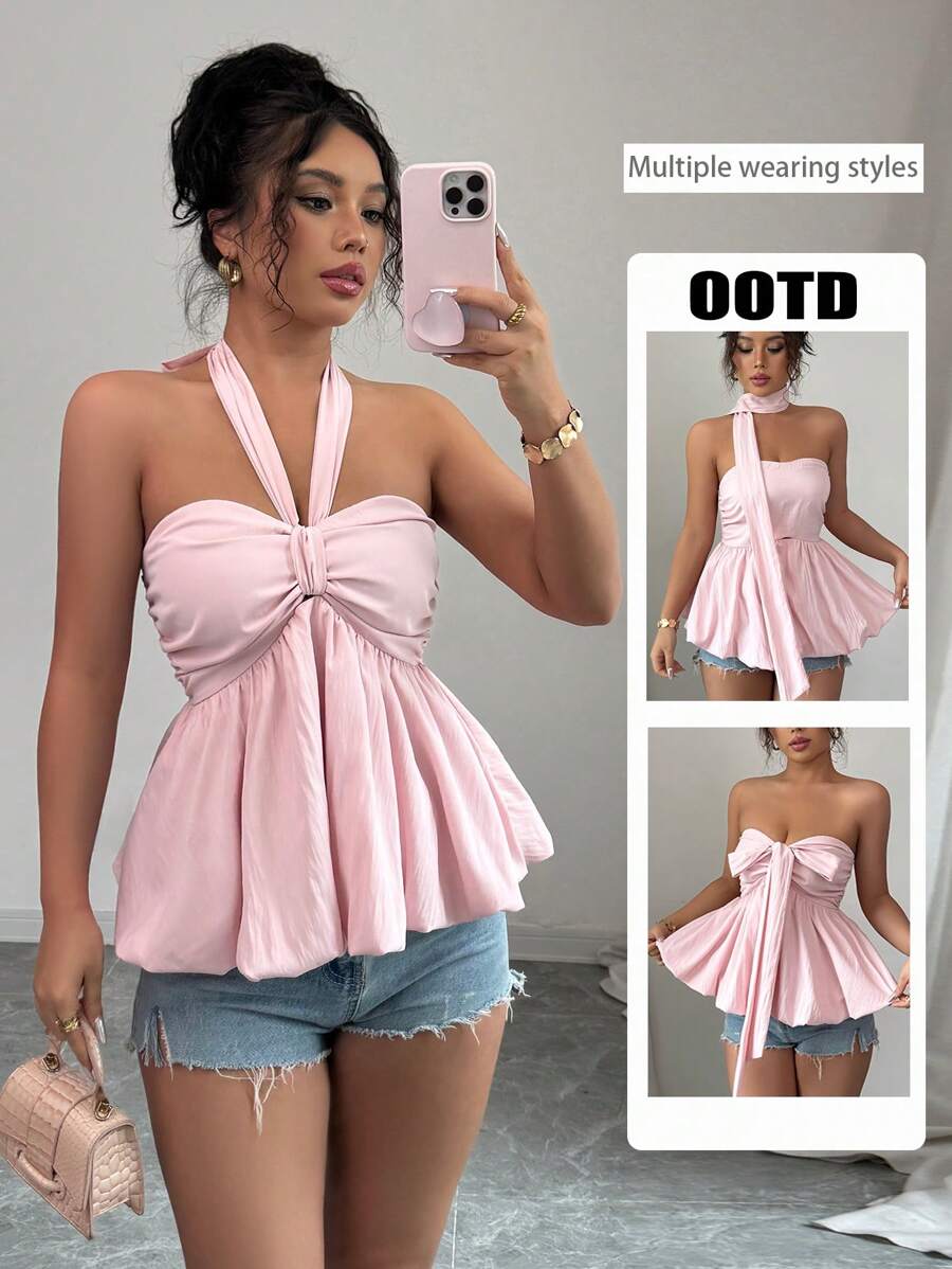 SHEIN Clasi Multi-Wear Solid Color Halter Neck Fashion Shirt, Suitable For Summer