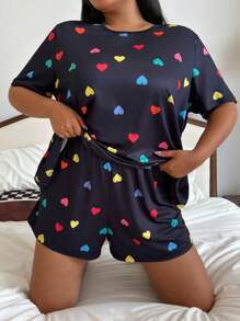 SHEIN Colorful Heart Print Crew Neck Short Sleeve& Shorts Plus Size Pajamas Set - Black - View 3