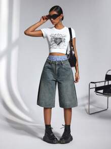 SHEIN ICON Women's Casual Washed Low Waist Wide Leg Jeans - Blue - View 6