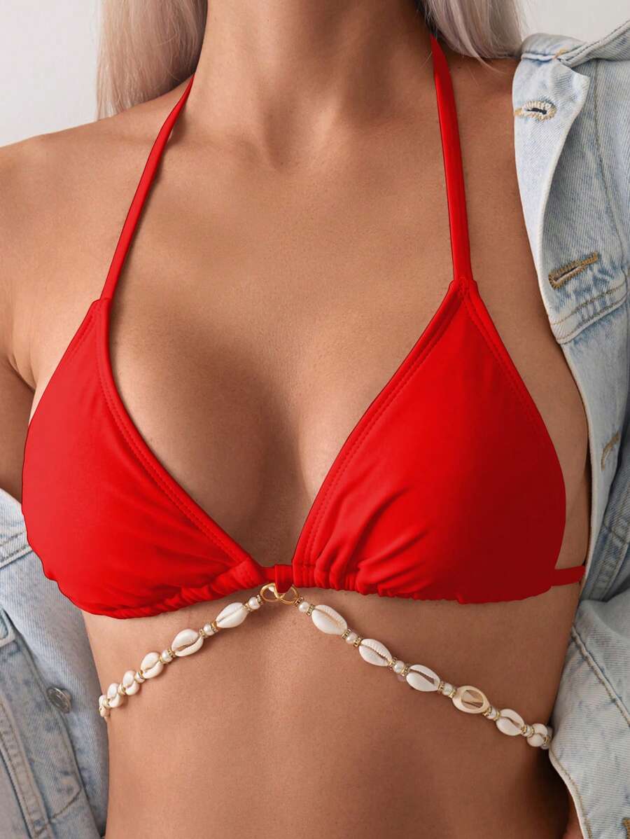 Swim Basics Women's Solid Color Chain Decor Halter Bikini Top - Red - View 1