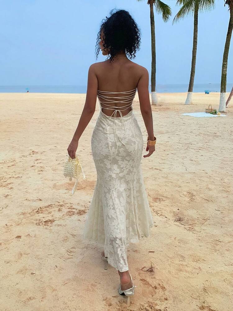French Style White Strapless Floor-Length Mermaid Dress, Waist Cinched,  Elegant Sexy Jacquard Backless Formal Gown,Beach Outfits Vacation Cruise  Outfit For WomenDAZY