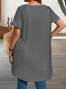 EMERY ROSE Plus Size Round Neck Regular Shoulder Short Sleeve Long T-Shirt, Mother's Days, Simple And Fashion Style, Suitable For Summer, Vacation Style, Casual Summer Vacations Woman, Boho Chic, Country Concert, Holiday Festivals, Beachs For Woman, Summers For Women,Old Money Style Women, Summer