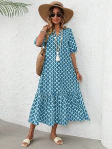 EMERY ROSE Women's Geometric Print V-Neck Short Puff Sleeve Long Dress - Blue - View 6