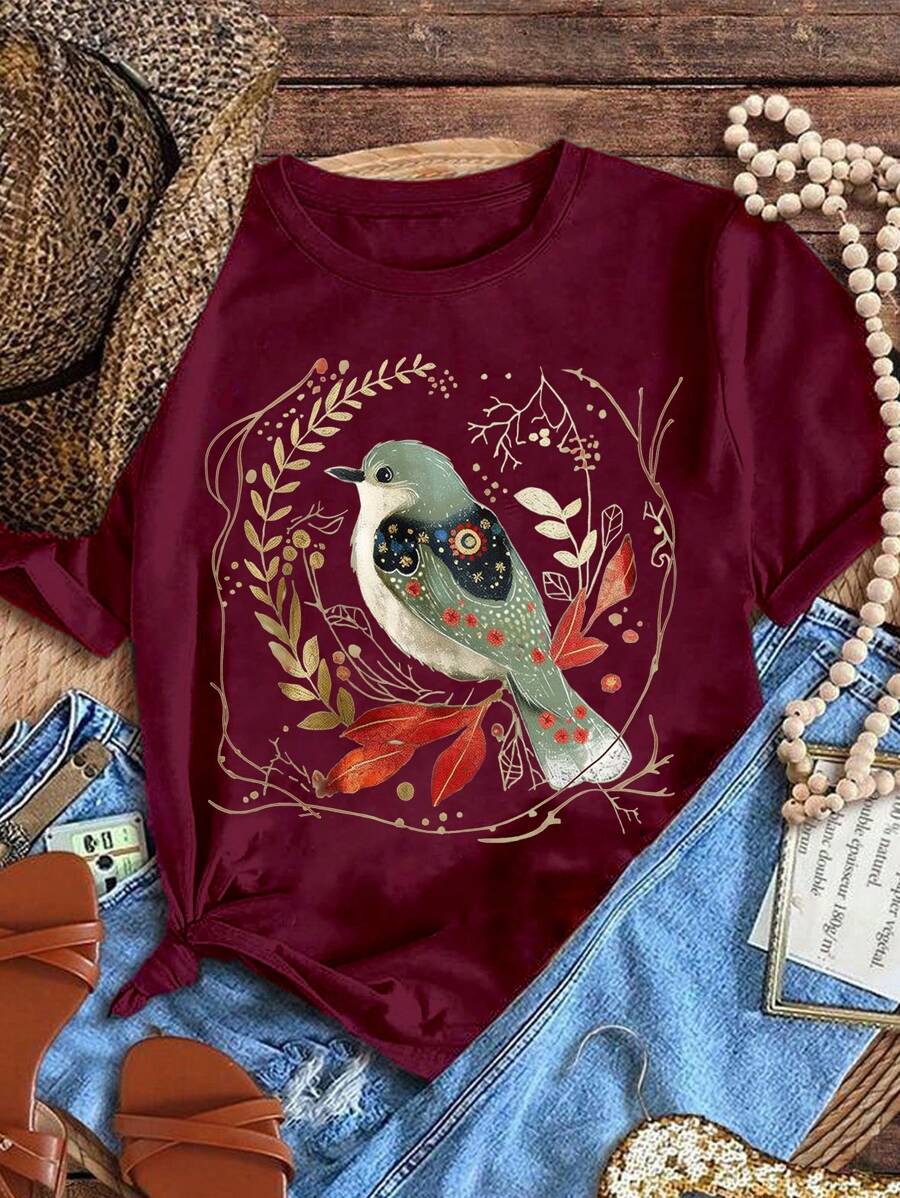 SHEIN LUNE 大码复古图案鸟叶图腾复古印花图案连帽 T 恤，适合女性，森林自然爱好者 - 酒紅色 - 查看 1