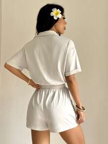 SHEIN Unity Women's Apricot Cinched Waist Faux Pocket Short Sleeve Jumpsuit, Spring/Summer - Apricot - View 2