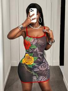 BamGleam Sexy Rose & Leopard Print Bodycon Mini Slip Dress, Summer - Black - View 4