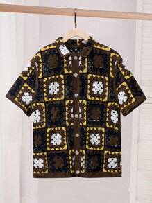 Manfinity Homme 男士几何图案短袖单排扣休闲针织上衣 - 棕色 - 查看 2