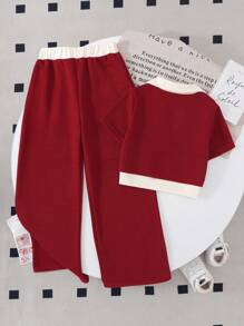 Conjunto de parte superior corta de manga corta y pantalón largo informal con bloques de color para niña preadolescente - Burdeos - Ver 2