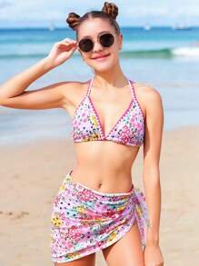 SHEIN Teen Girls Tropical Flower Print Halter Neck Bikini Swimsuit Set With Beach Skirt - Multicolor - View 6