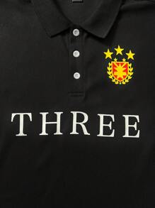 Manfinity Homme 男士休闲字母印花圆领短袖 Polo 衫，夏季 - 黑色 - 查看 4