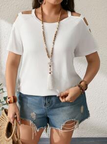 EMERY ROSE Plus Size Women Solid Hollow-Out Short Sleeve Casual T-Shirt, Spring And Summer