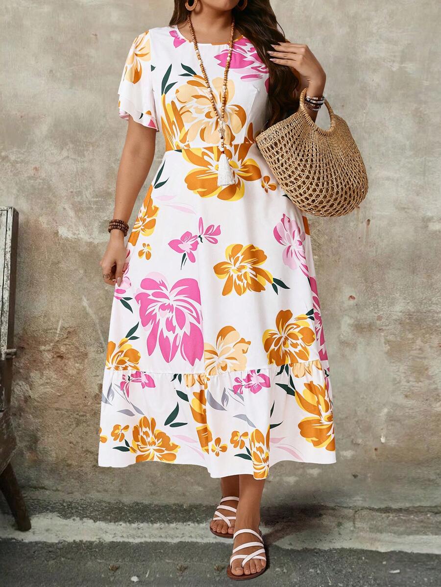 SHEIN PETITE Robe à col rond avec manches à volants et imprimé floral style français, grande taille