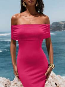 Opulessa Rochie cu umeri goi și spate deschis, mulată din tricot, perfectă pentru vacanță, plajă, petrecere, eveniment formal, ținute de primăvară/vară - Roz fierbinte - Vizualizare 4