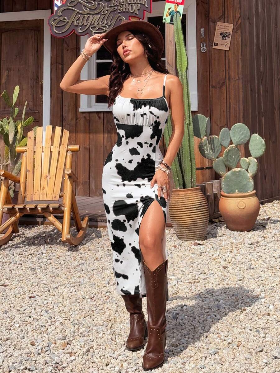 SHEIN EZwear Women's Summer Music Festival New Cow Print Cami Split Front Dress - Black and White - View 1