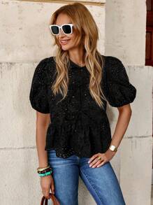 Solivie 女士前系带泡泡袖刺绣优雅衬衫，度假风，适合情人节 - 黑色 - 查看 5