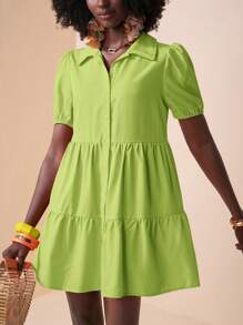 Zivah Vacation Puff Sleeve Open Front Tiered Loose Summer Dress - Olive Green - View 1