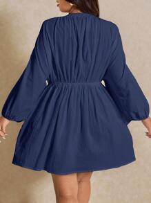 Elaquor Plus Size Solid Color Deep V-Neck Pockets Casual Long Sleeve Dress,Sundress Spring To Summer Vacation Dresses Fall - Navy Blue - View 7
