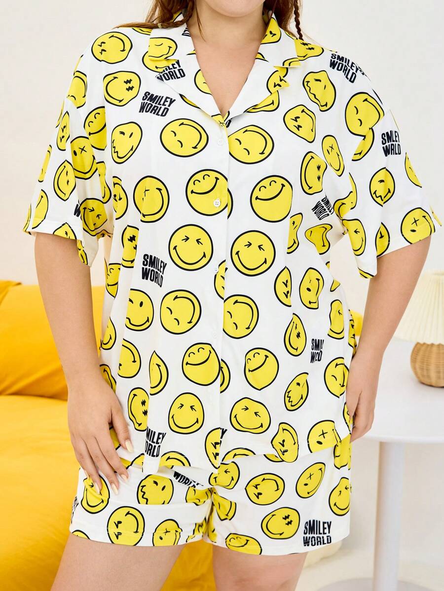 SmileyWorld® | SHEIN Plus Size Smiling Face Pattern Front Button Short Sleeve Top And Shorts Pajama Set Women Pajama Pants Night Pajama Shirt Pajama Shirts Summer / Summer Outfits For Women/ Summer Clothes Butter Yellow Comfortable Pajama Set - White - View 1